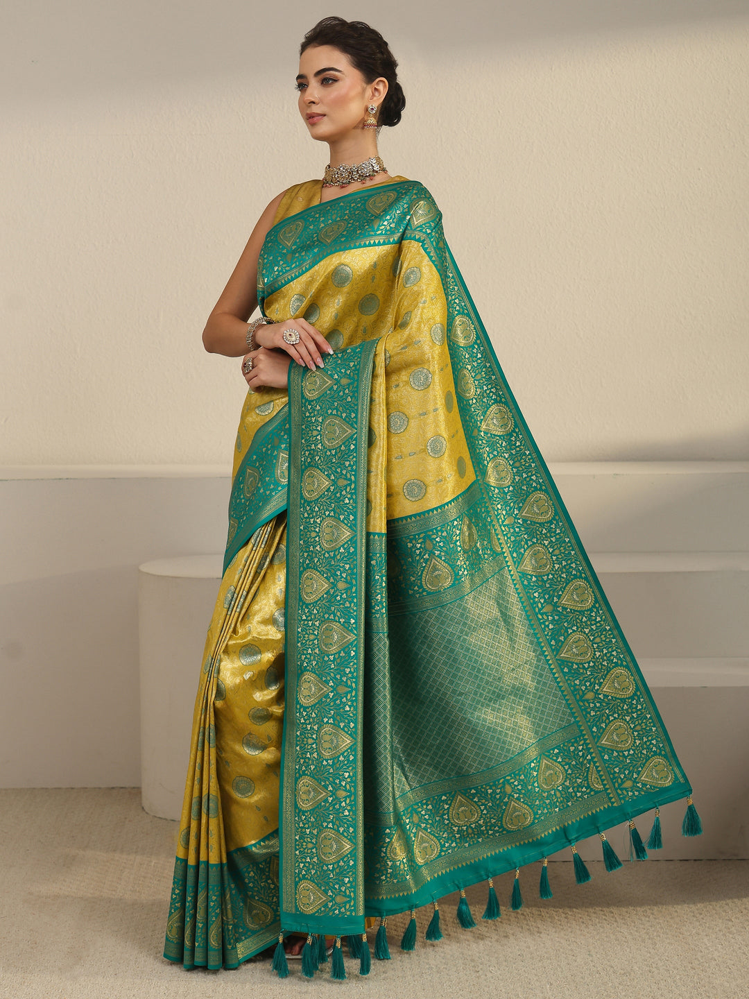  Libas Mustard Leaf Woven Design Brocade Saree 