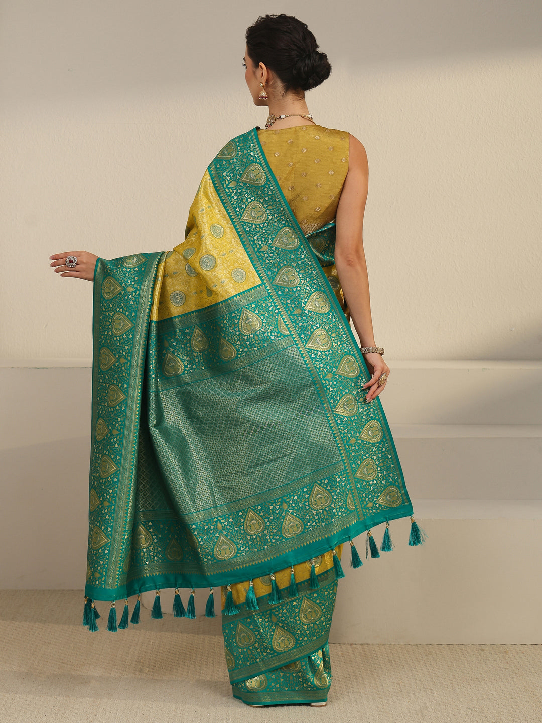  Libas Mustard Leaf Woven Design Brocade Saree 