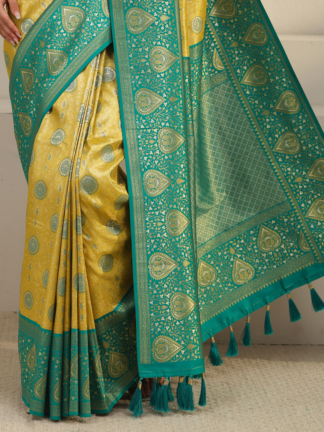  Libas Mustard Leaf Woven Design Brocade Saree 