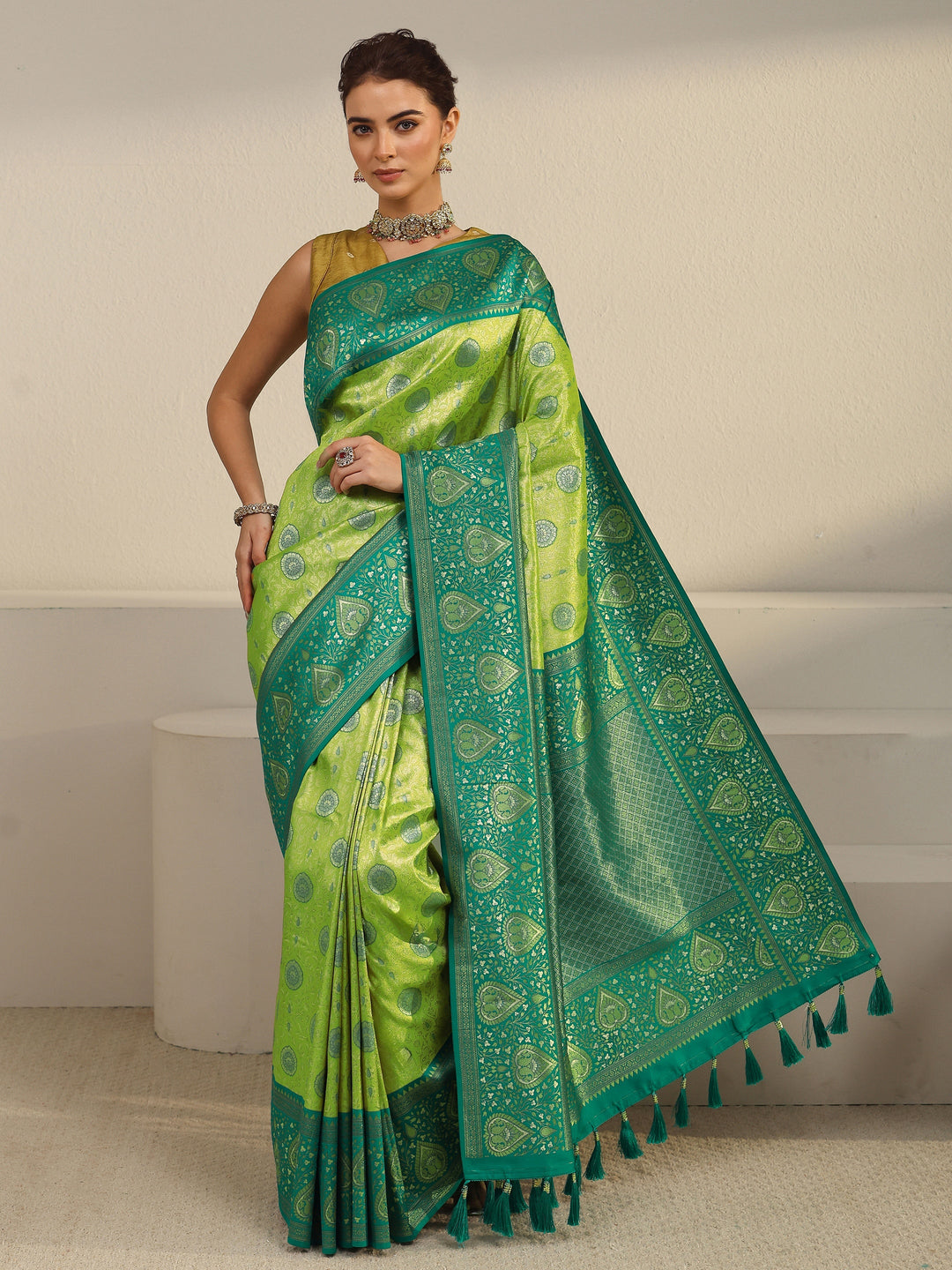  Libas Green Leaf Woven Design Brocade Saree 