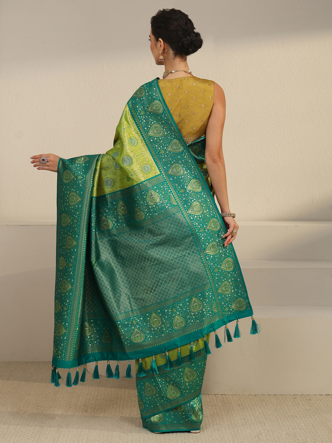  Libas Green Leaf Woven Design Brocade Saree 