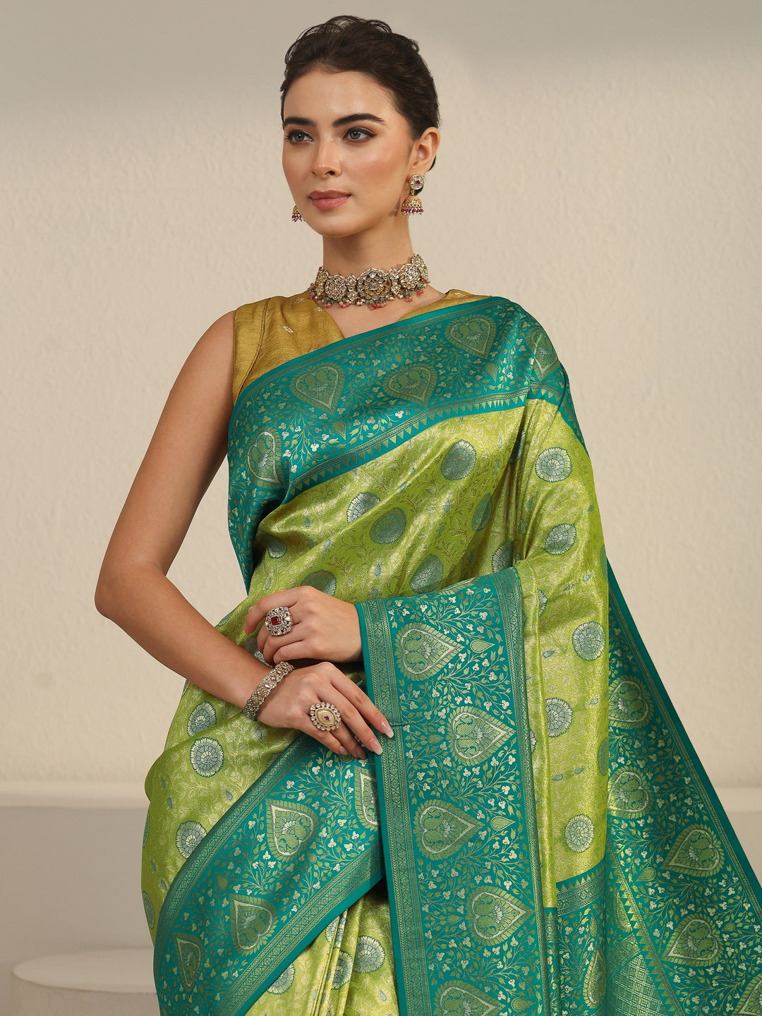  Libas Green Leaf Woven Design Brocade Saree 