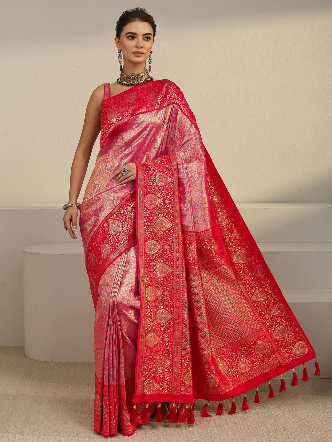  Libas Pink Leaf Woven Design Brocade Saree 