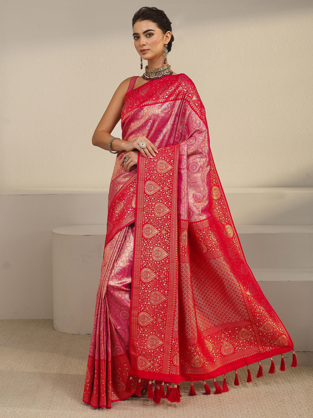  Libas Pink Leaf Woven Design Brocade Saree 