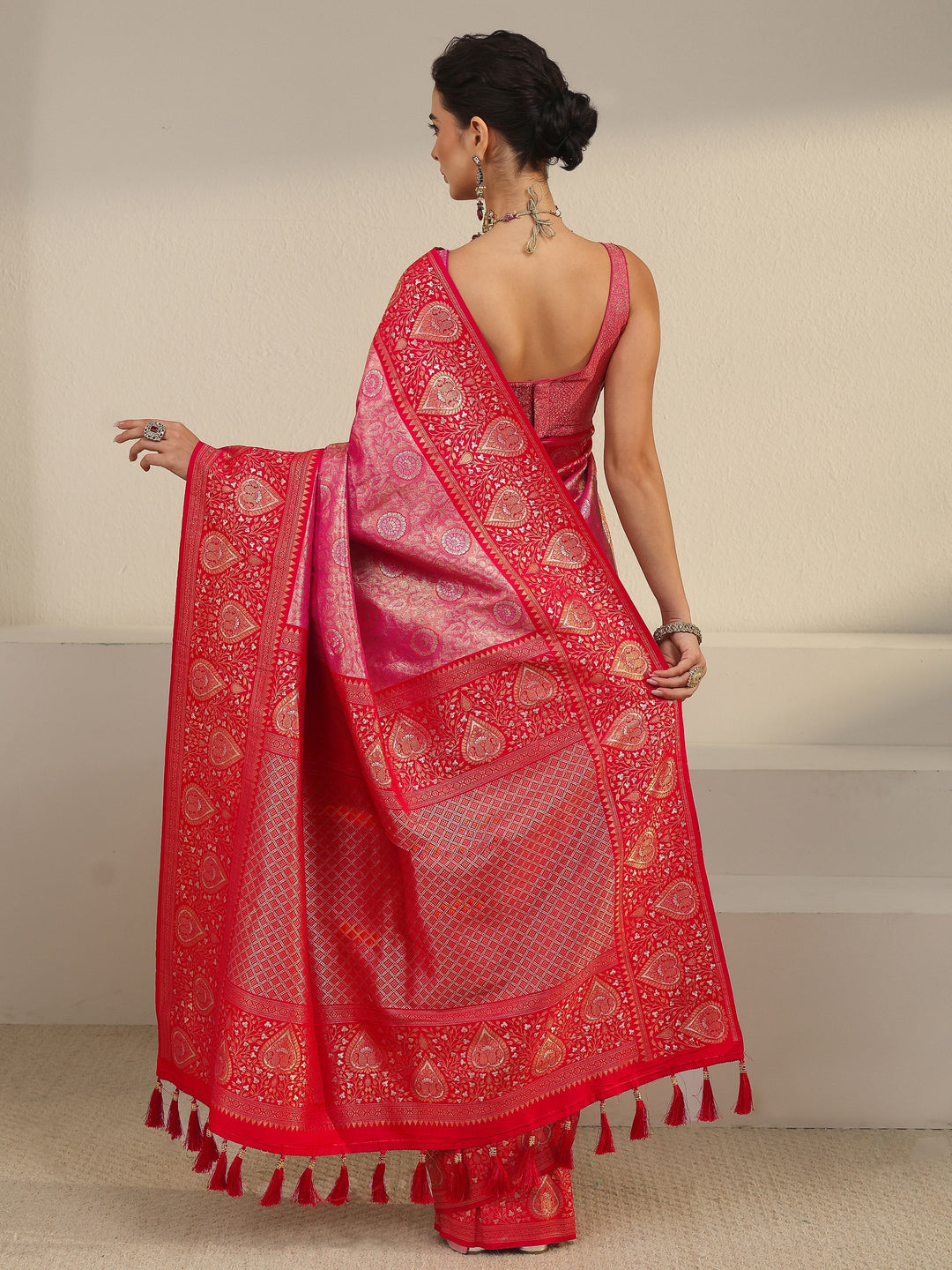  Libas Pink Leaf Woven Design Brocade Saree 