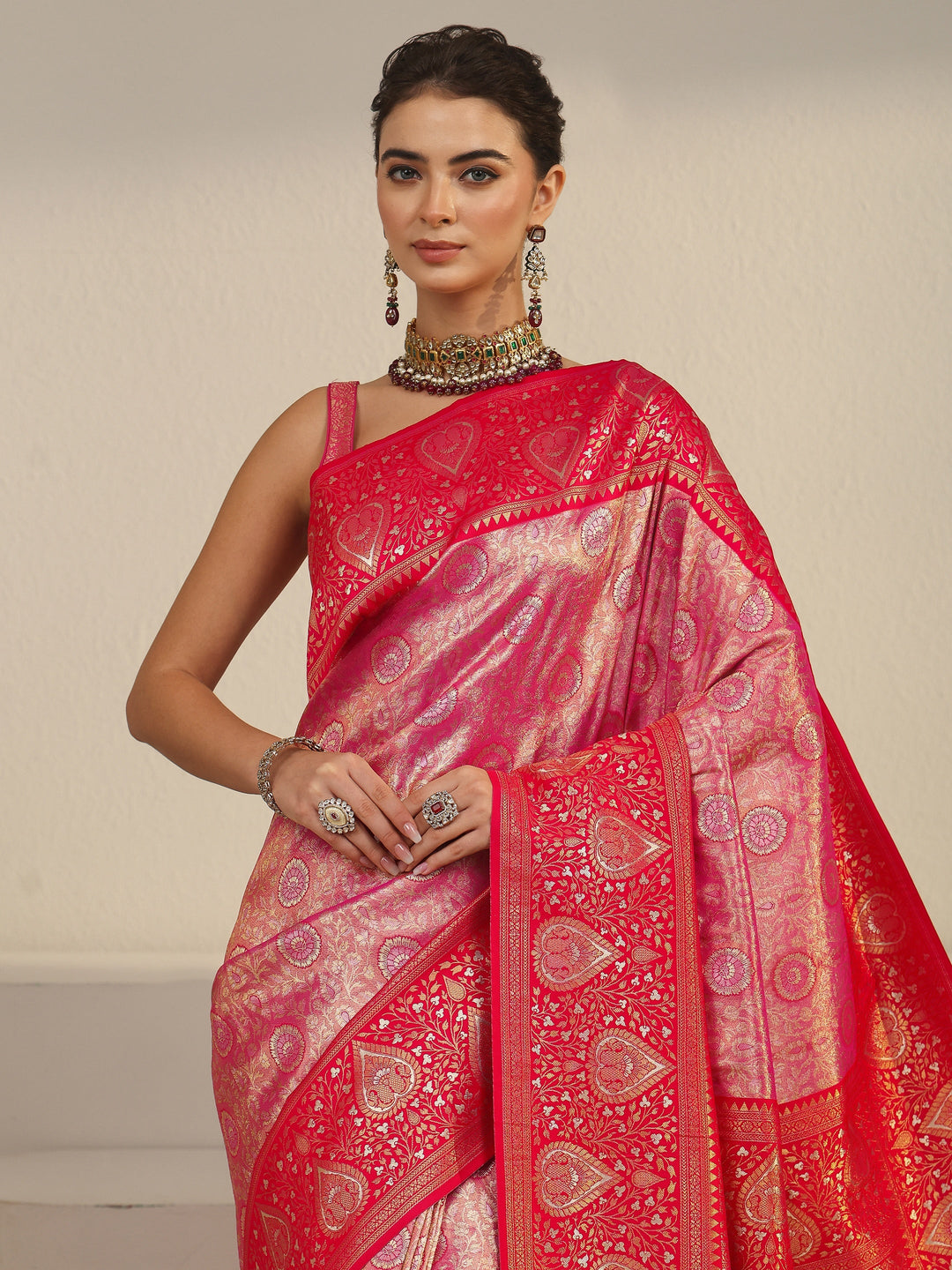  Libas Pink Leaf Woven Design Brocade Saree 