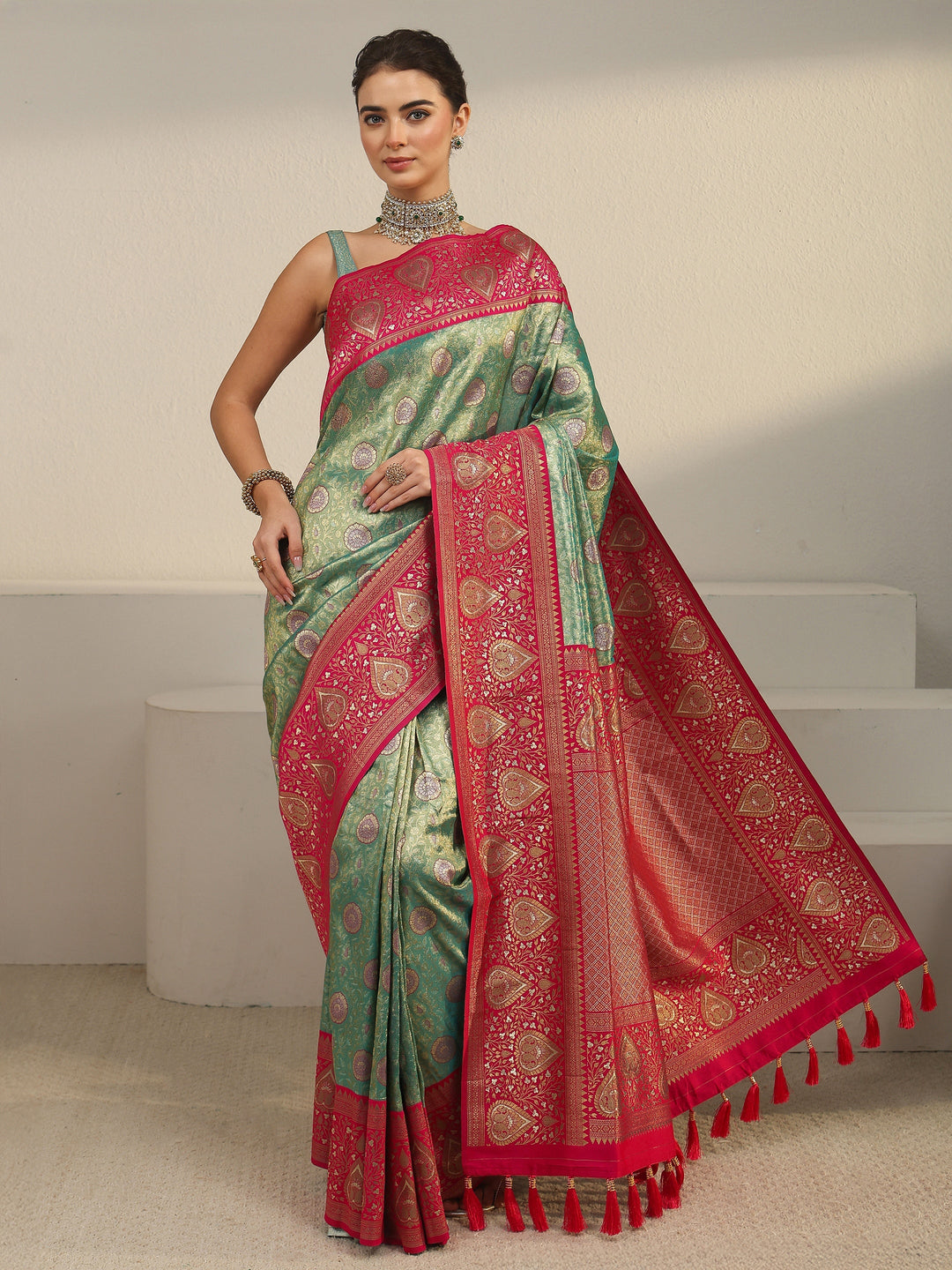  Libas Green and Red Leaf Woven Design Brocade Saree 