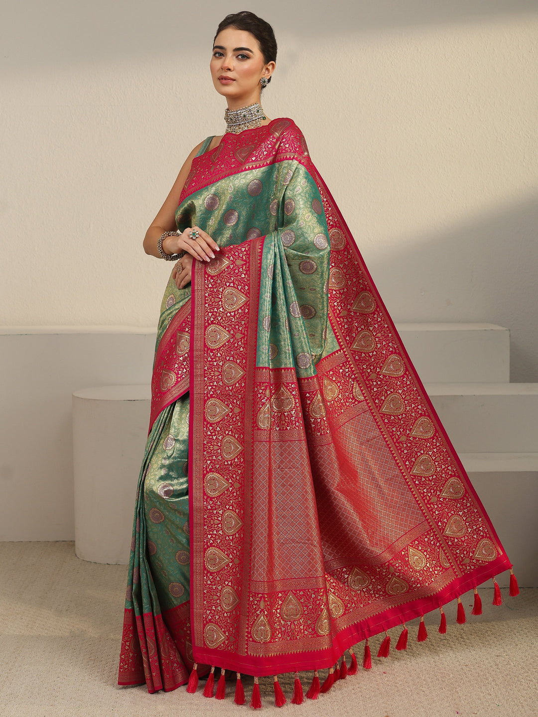  Libas Green and Red Leaf Woven Design Brocade Saree 
