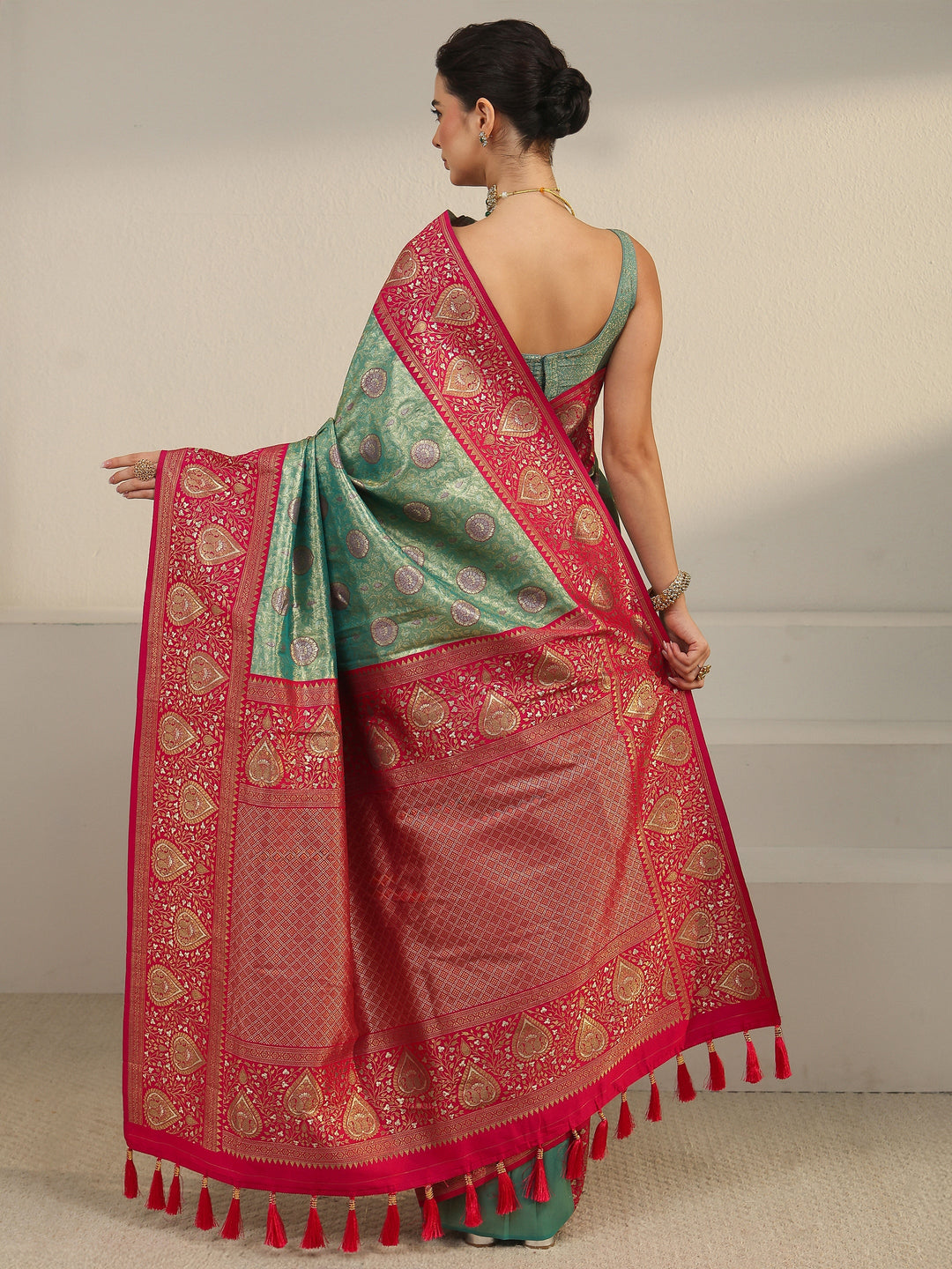  Libas Green and Red Leaf Woven Design Brocade Saree 