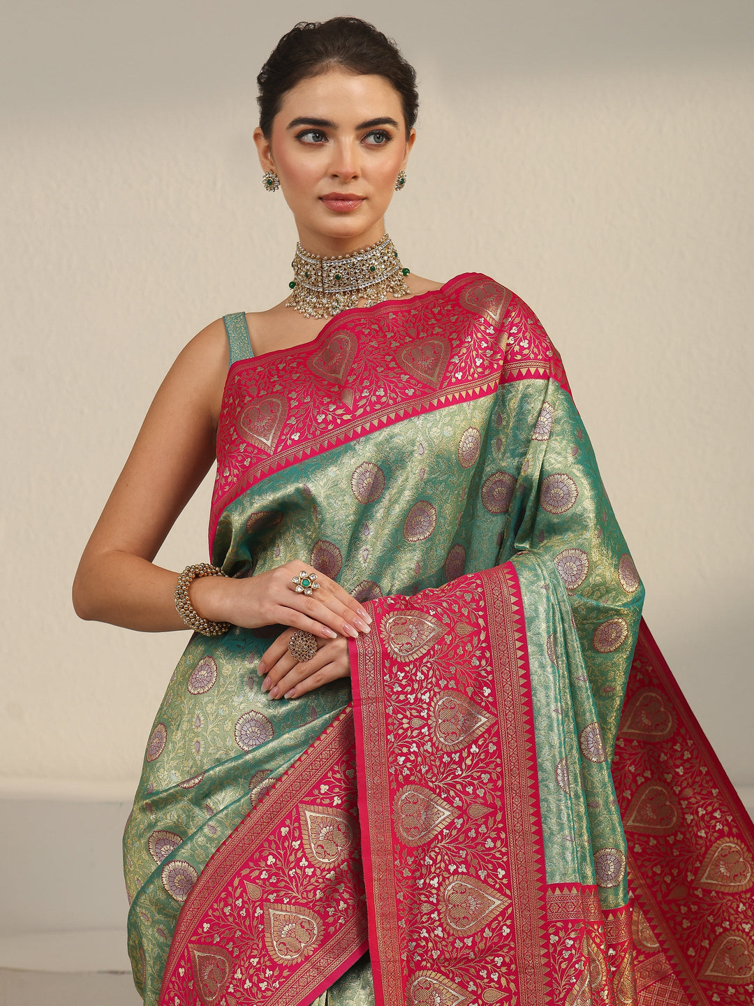  Libas Green and Red Leaf Woven Design Brocade Saree 