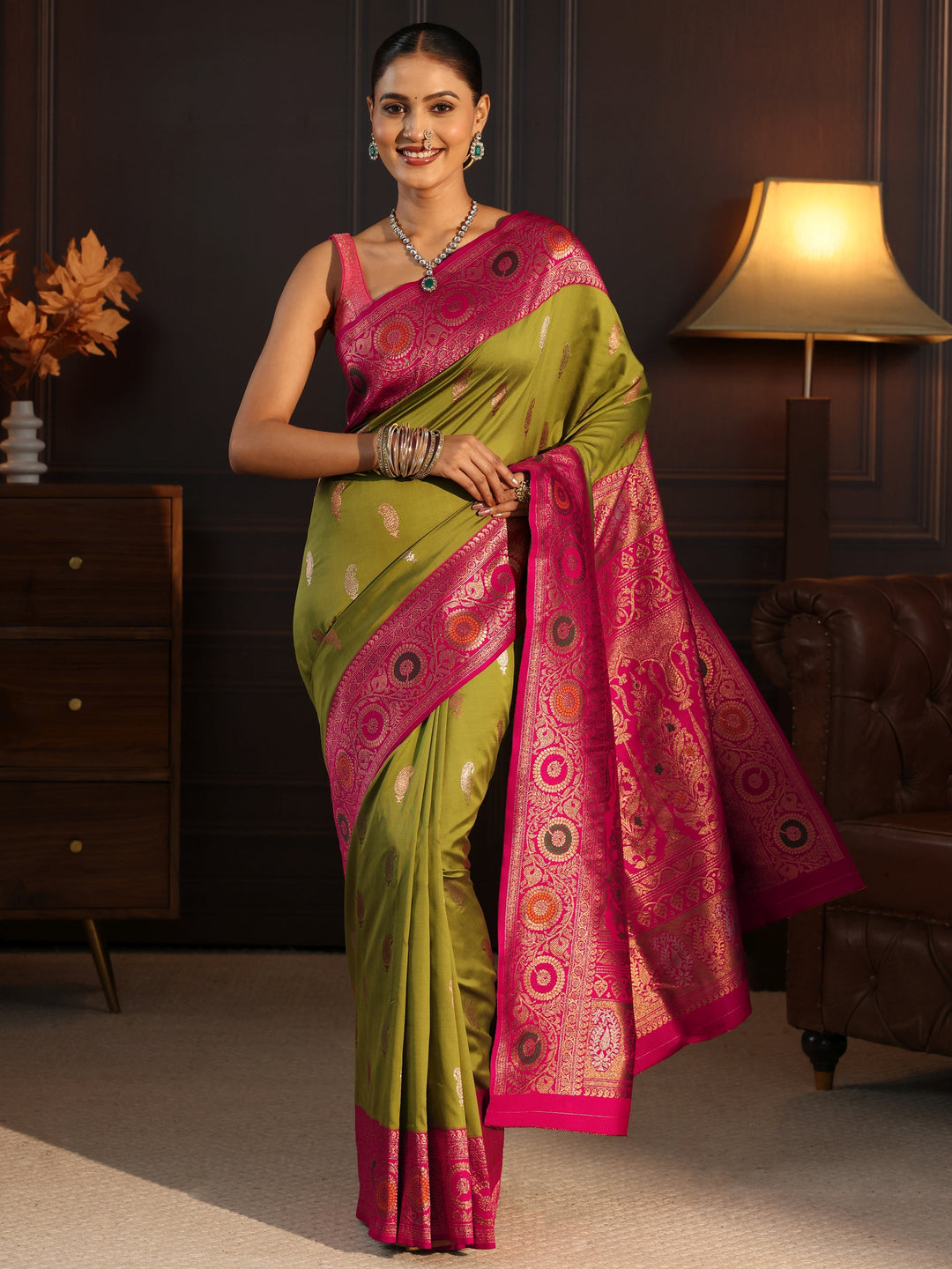  Libas Lemon Green and Pink Floral Woven Design Silk Blend Saree 