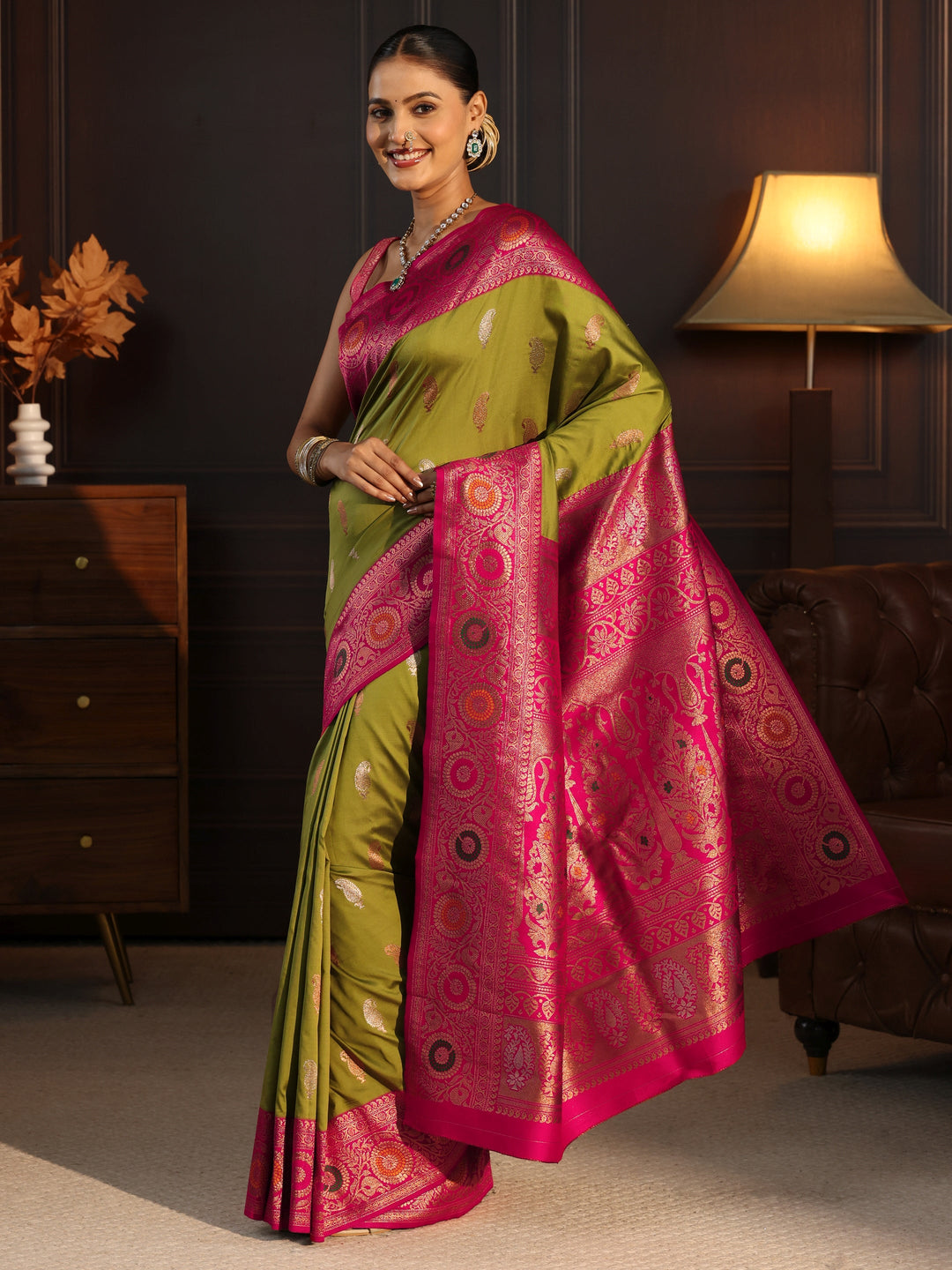  Libas Lemon Green and Pink Floral Woven Design Silk Blend Saree 