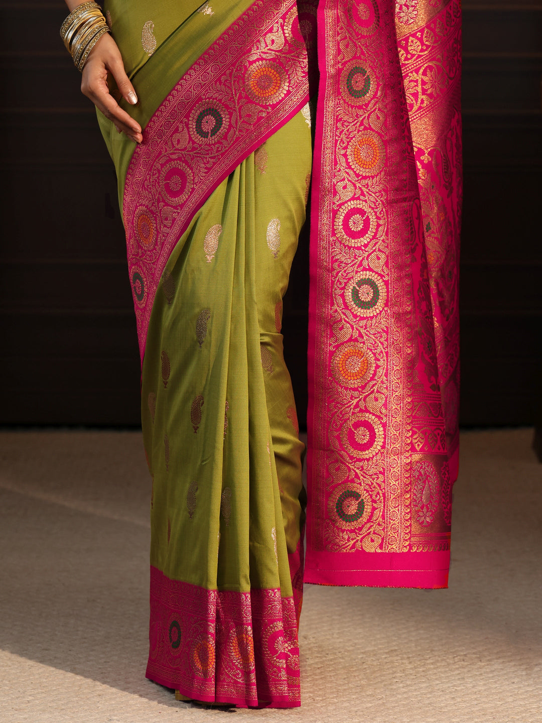  Libas Lemon Green and Pink Floral Woven Design Silk Blend Saree 