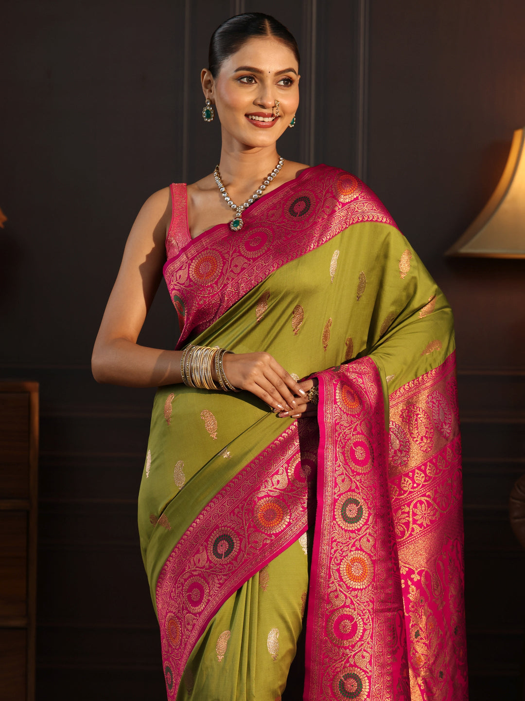 Libas Lemon Green and Pink Floral Woven Design Silk Blend Saree 