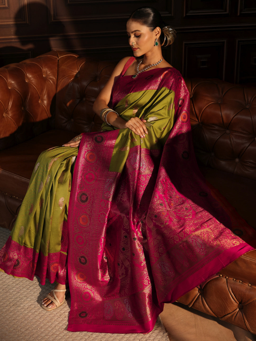  Libas Lemon Green and Pink Floral Woven Design Silk Blend Saree 