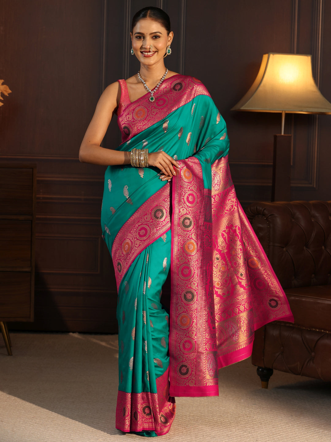  Libas Teal Green and Pink Paisley Woven Design Silk Blend Saree 