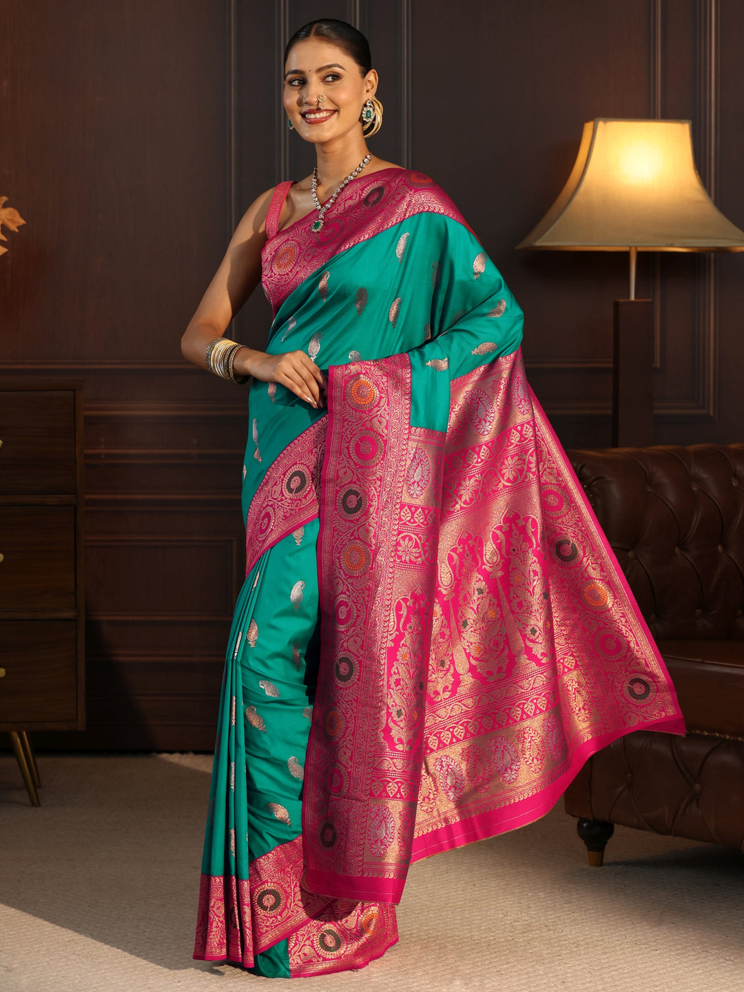  Libas Teal Green and Pink Paisley Woven Design Silk Blend Saree 