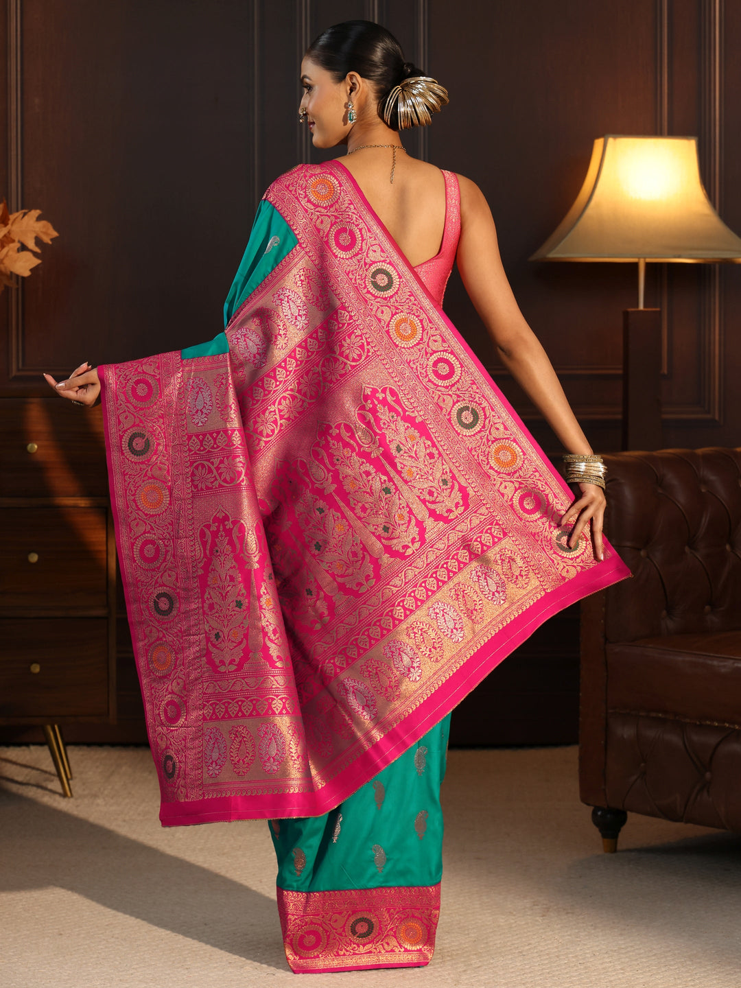  Libas Teal Green and Pink Paisley Woven Design Silk Blend Saree 