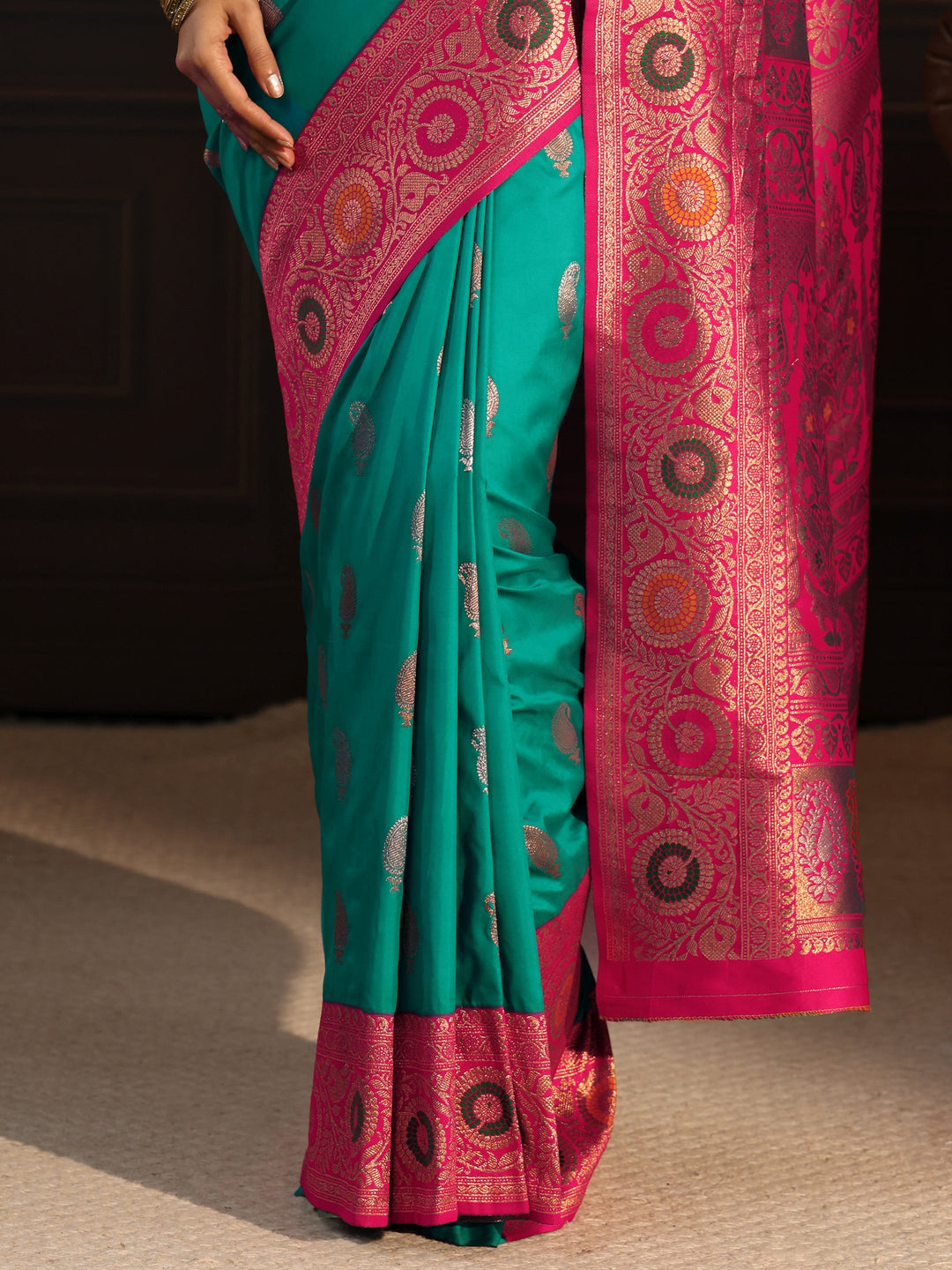  Libas Teal Green and Pink Paisley Woven Design Silk Blend Saree 