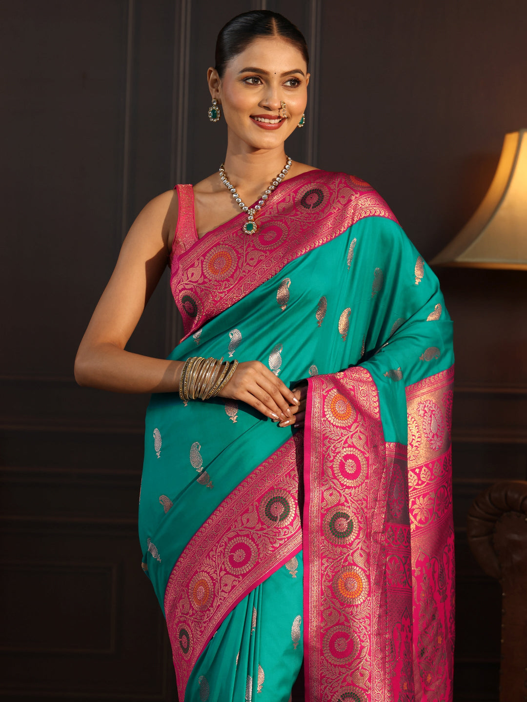  Libas Teal Green and Pink Paisley Woven Design Silk Blend Saree 