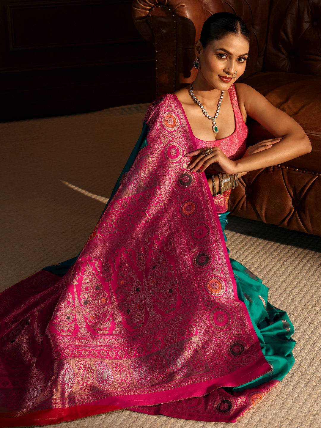  Libas Teal Green and Pink Paisley Woven Design Silk Blend Saree 