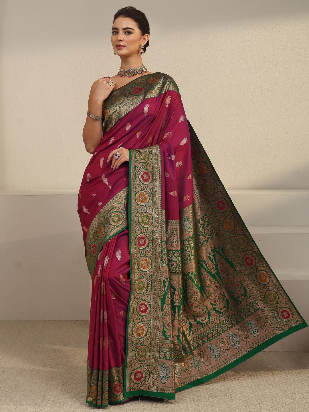  Libas Magenta Pink Woven Design Silk Blend Saree 
