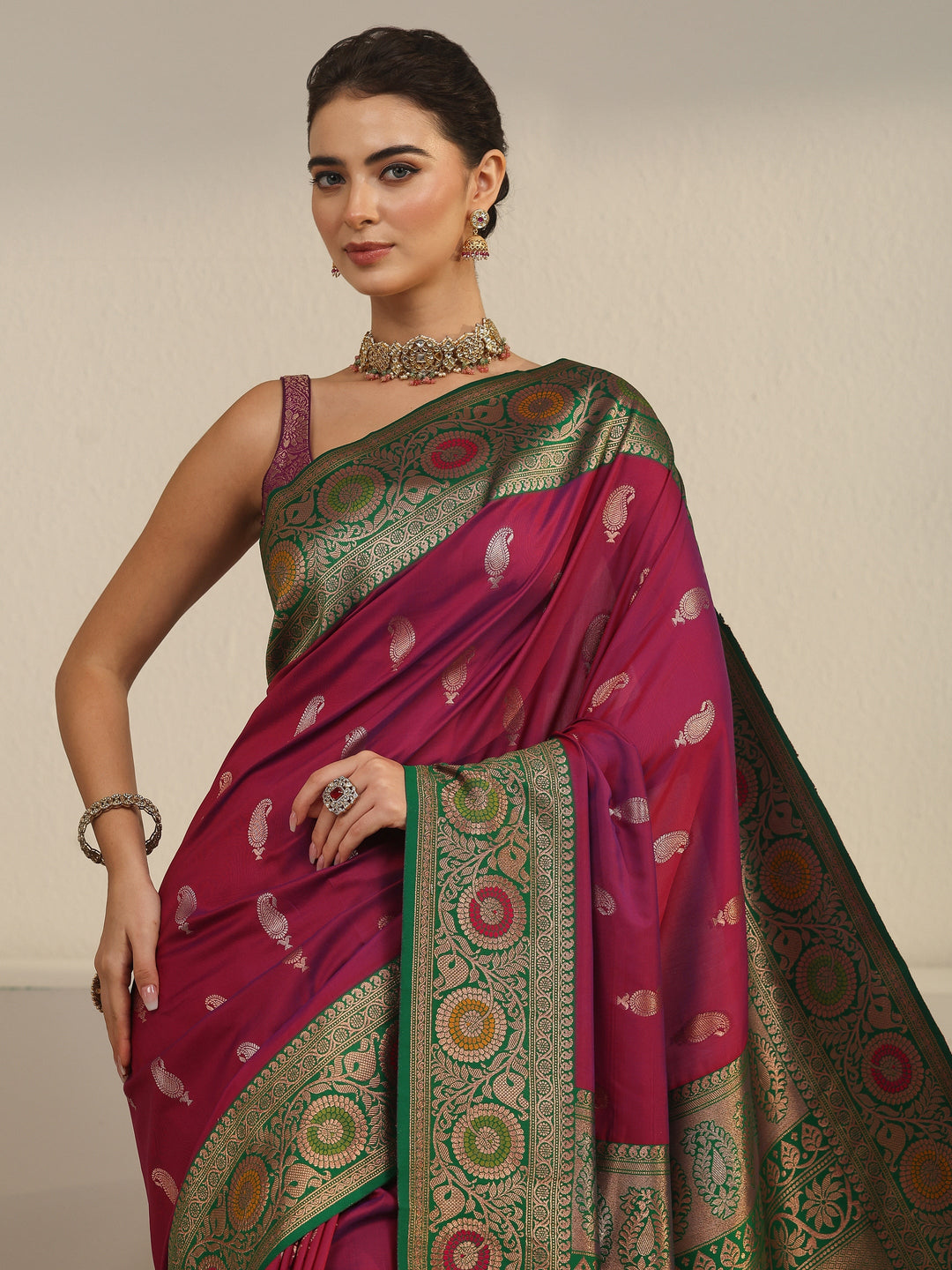  Libas Magenta Pink Woven Design Silk Blend Saree 