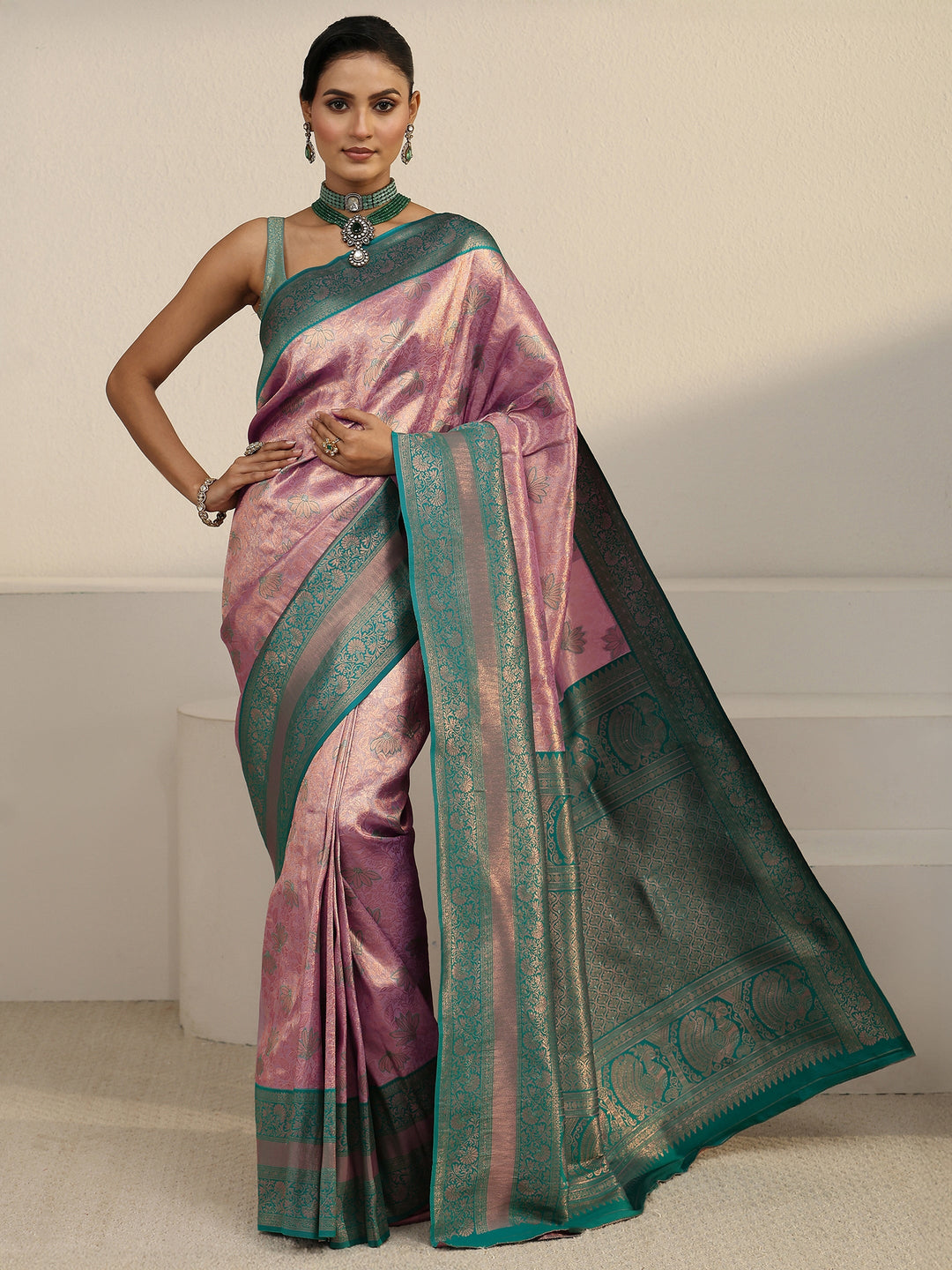  Libas Lavender and Teal Floral Woven Design Brocade Saree 