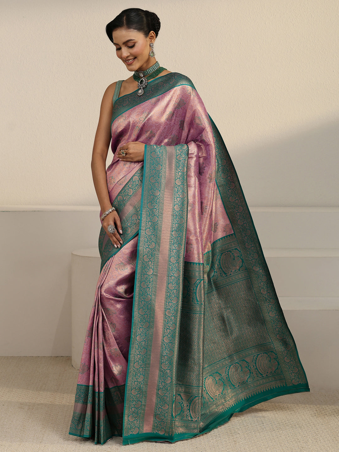  Libas Lavender and Teal Floral Woven Design Brocade Saree 