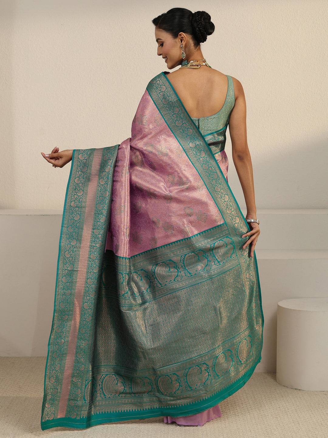  Libas Lavender and Teal Floral Woven Design Brocade Saree 