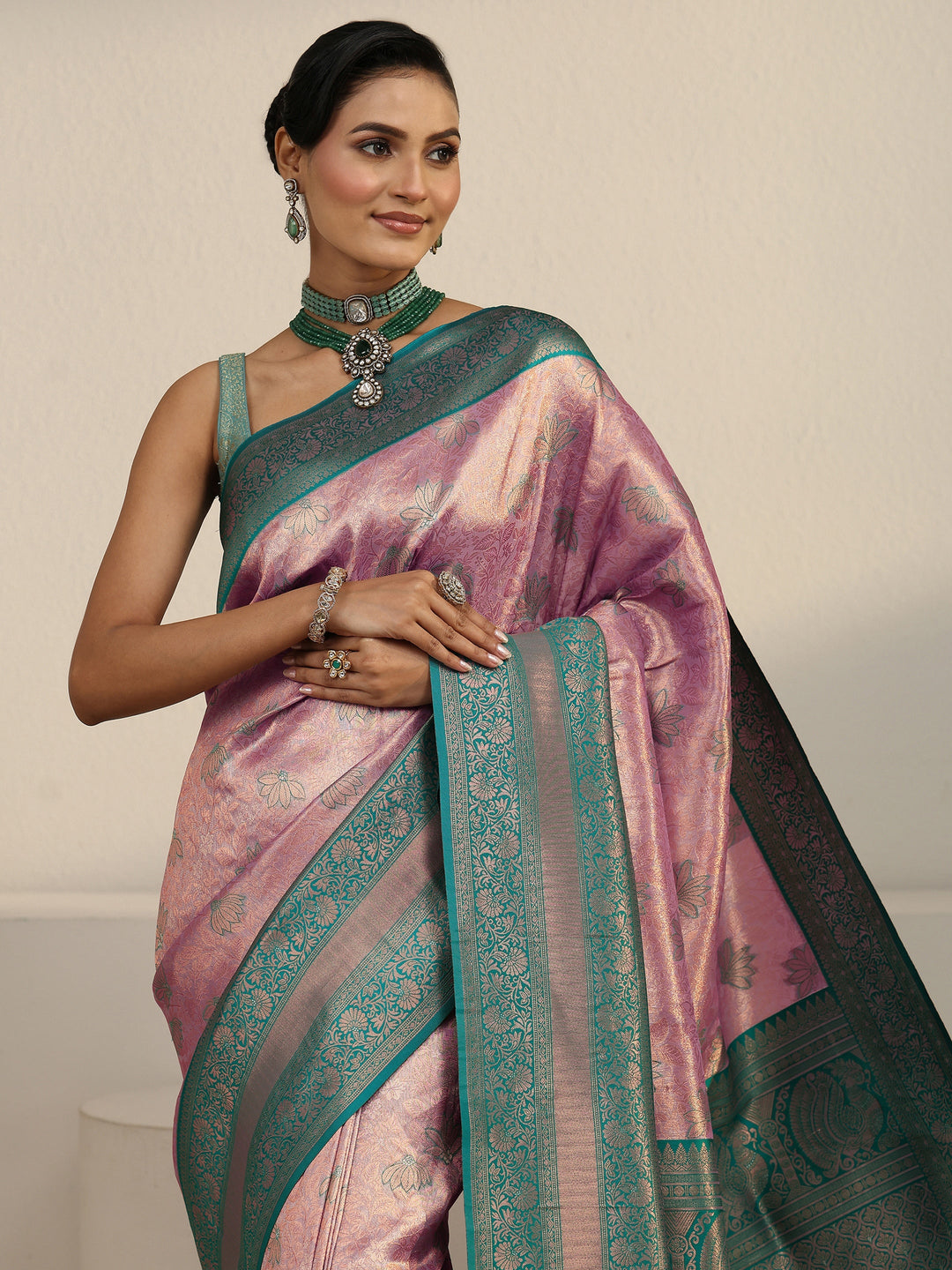  Libas Lavender and Teal Floral Woven Design Brocade Saree 