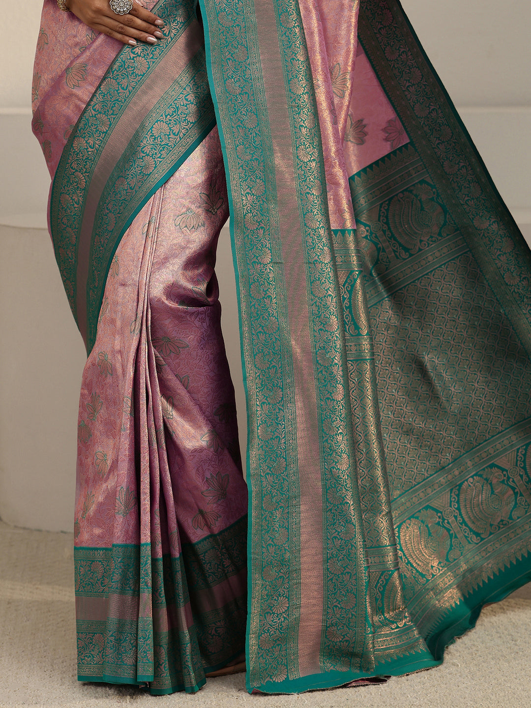  Libas Lavender and Teal Floral Woven Design Brocade Saree 