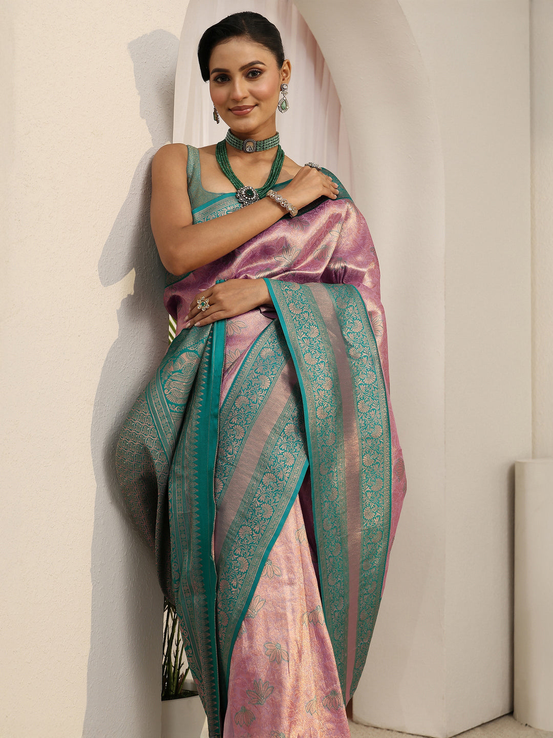  Libas Lavender and Teal Floral Woven Design Brocade Saree 