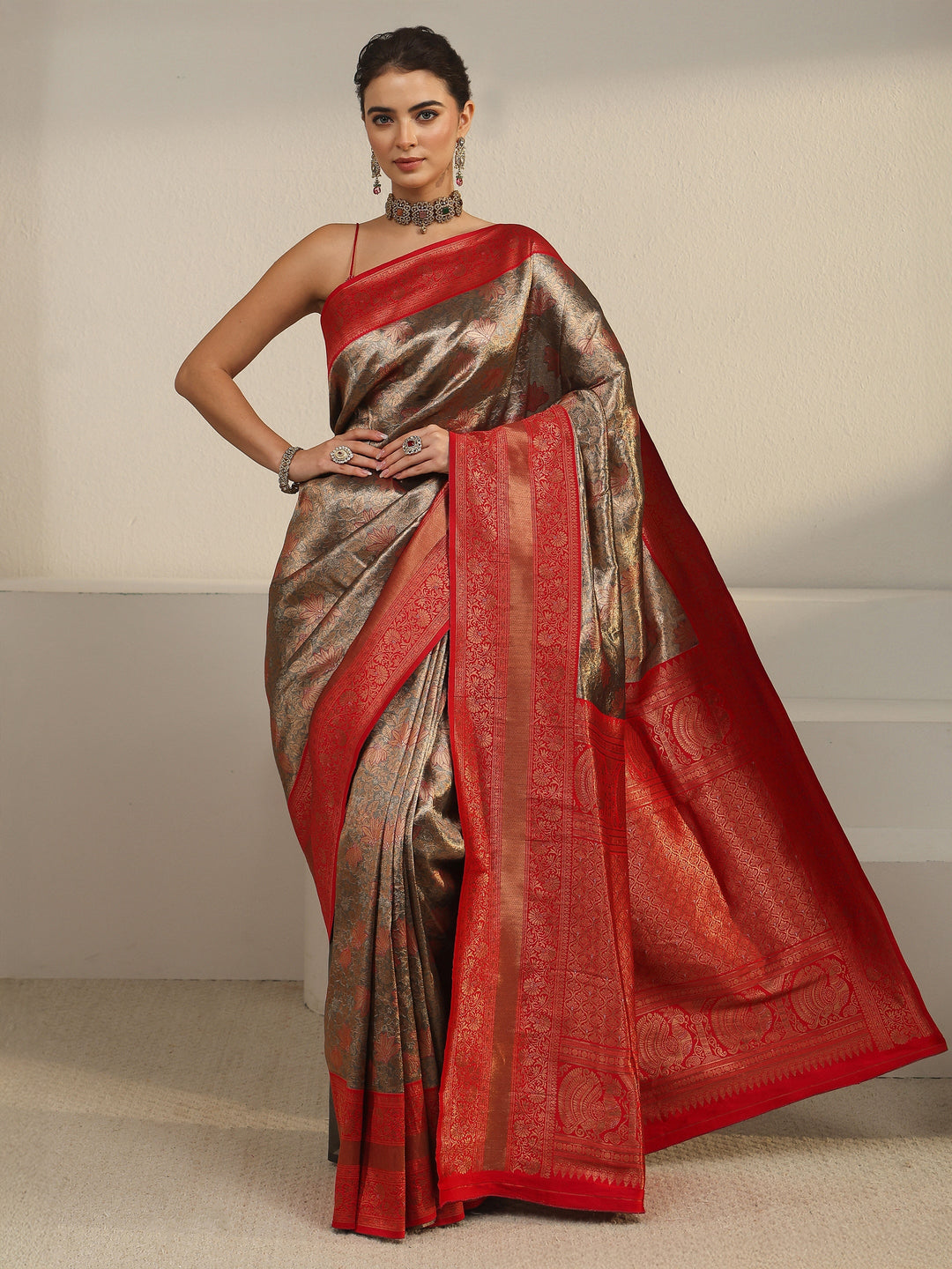  Libas Taupe Grey and Red Floral Woven Design Brocade Saree 