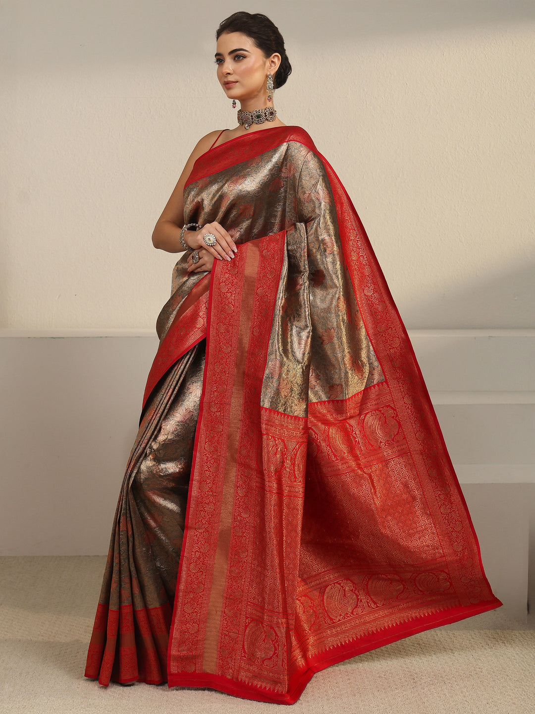  Libas Taupe Grey and Red Floral Woven Design Brocade Saree 