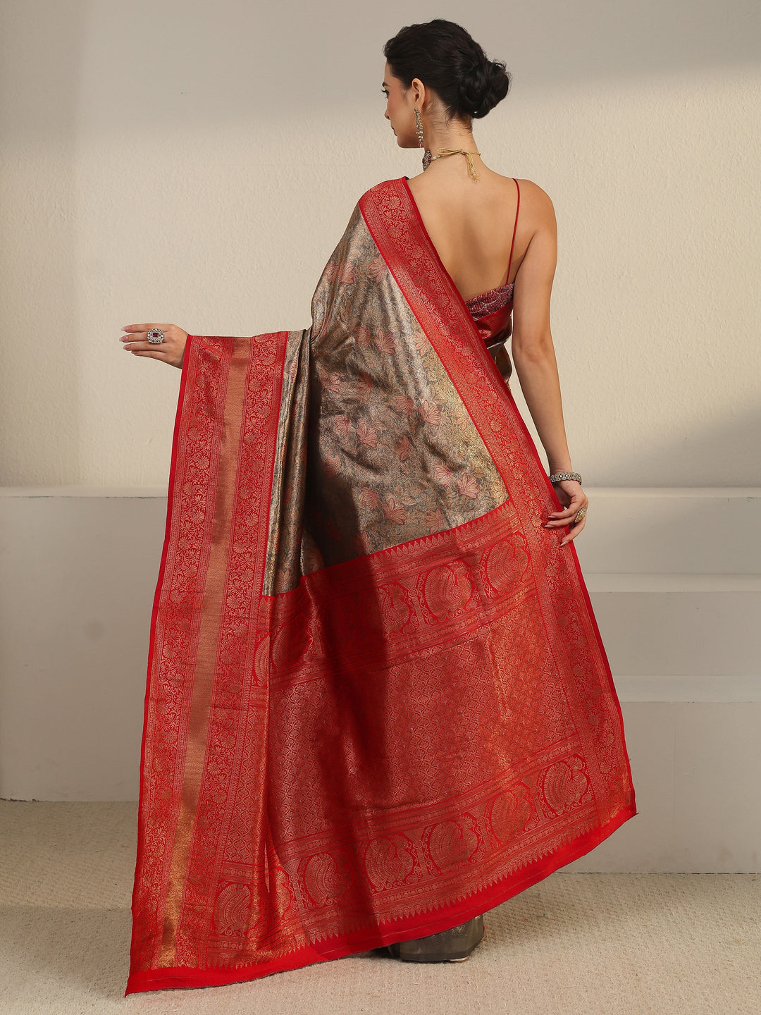  Libas Taupe Grey and Red Floral Woven Design Brocade Saree 
