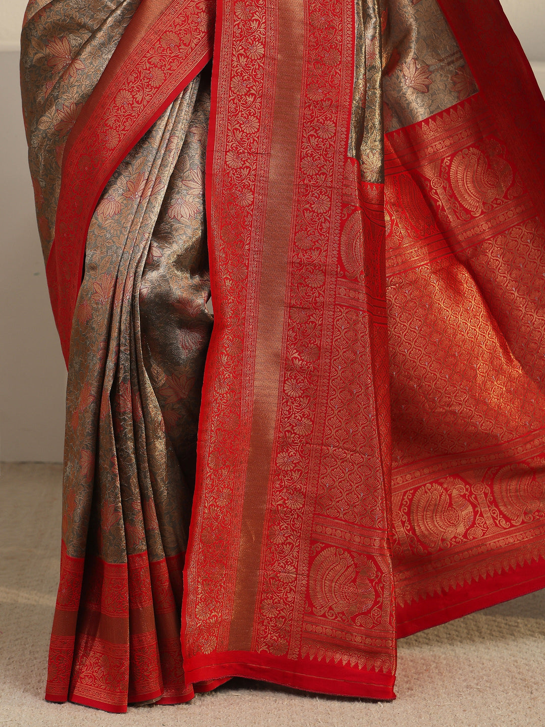  Libas Taupe Grey and Red Floral Woven Design Brocade Saree 