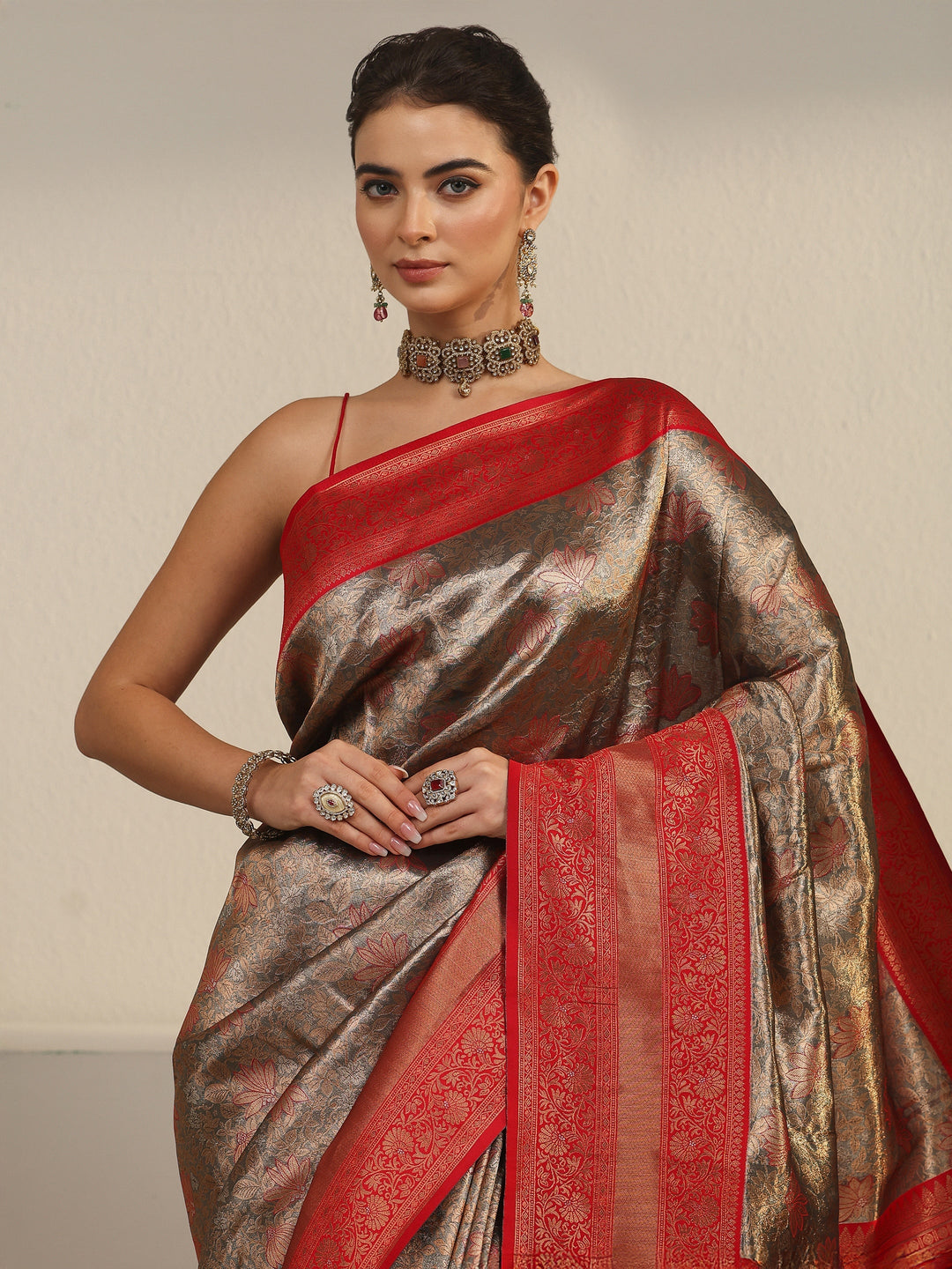  Libas Taupe Grey and Red Floral Woven Design Brocade Saree 