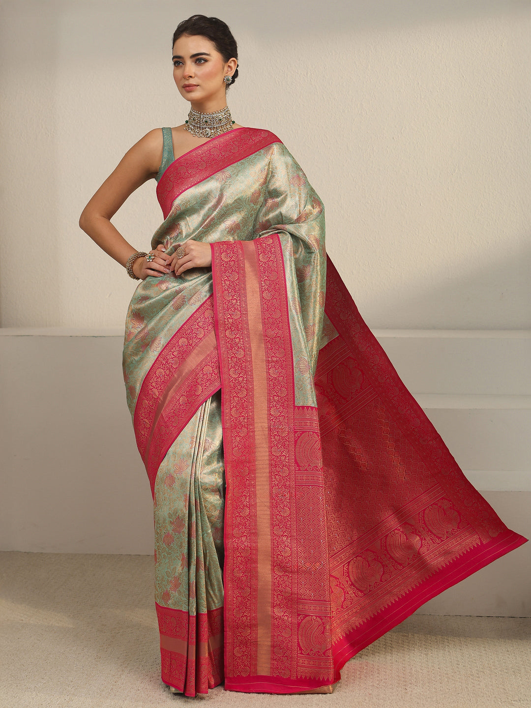  Libas Sage Green and Pink Floral Woven Design Brocade Saree 