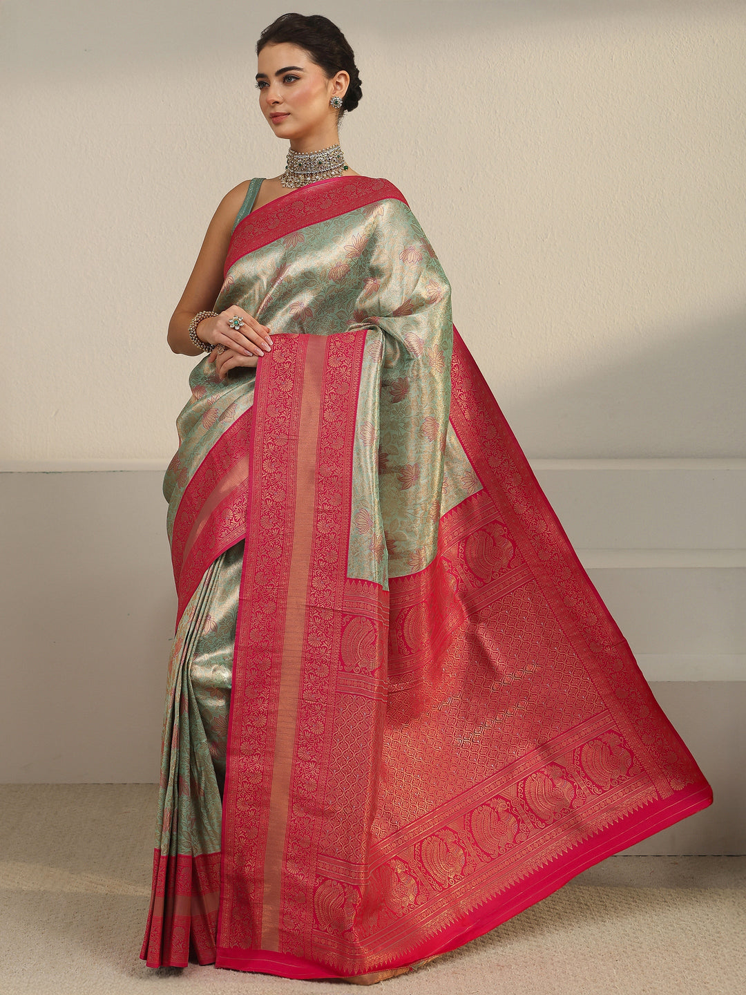  Libas Sage Green and Pink Floral Woven Design Brocade Saree 