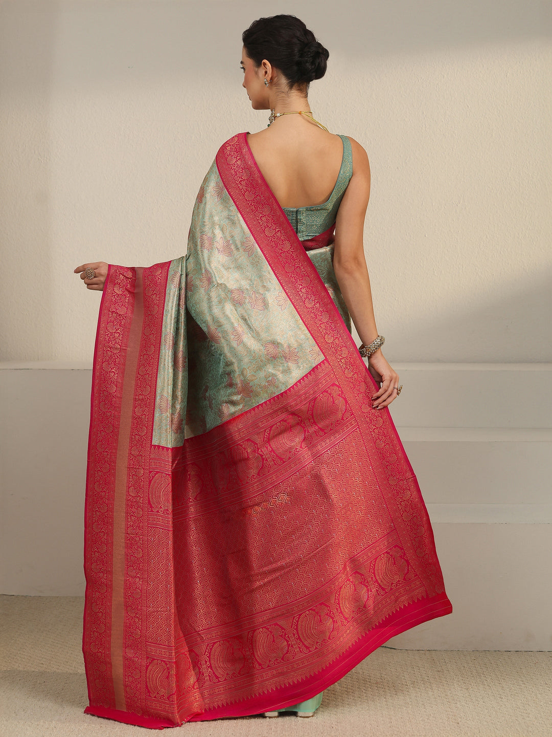  Libas Sage Green and Pink Floral Woven Design Brocade Saree 