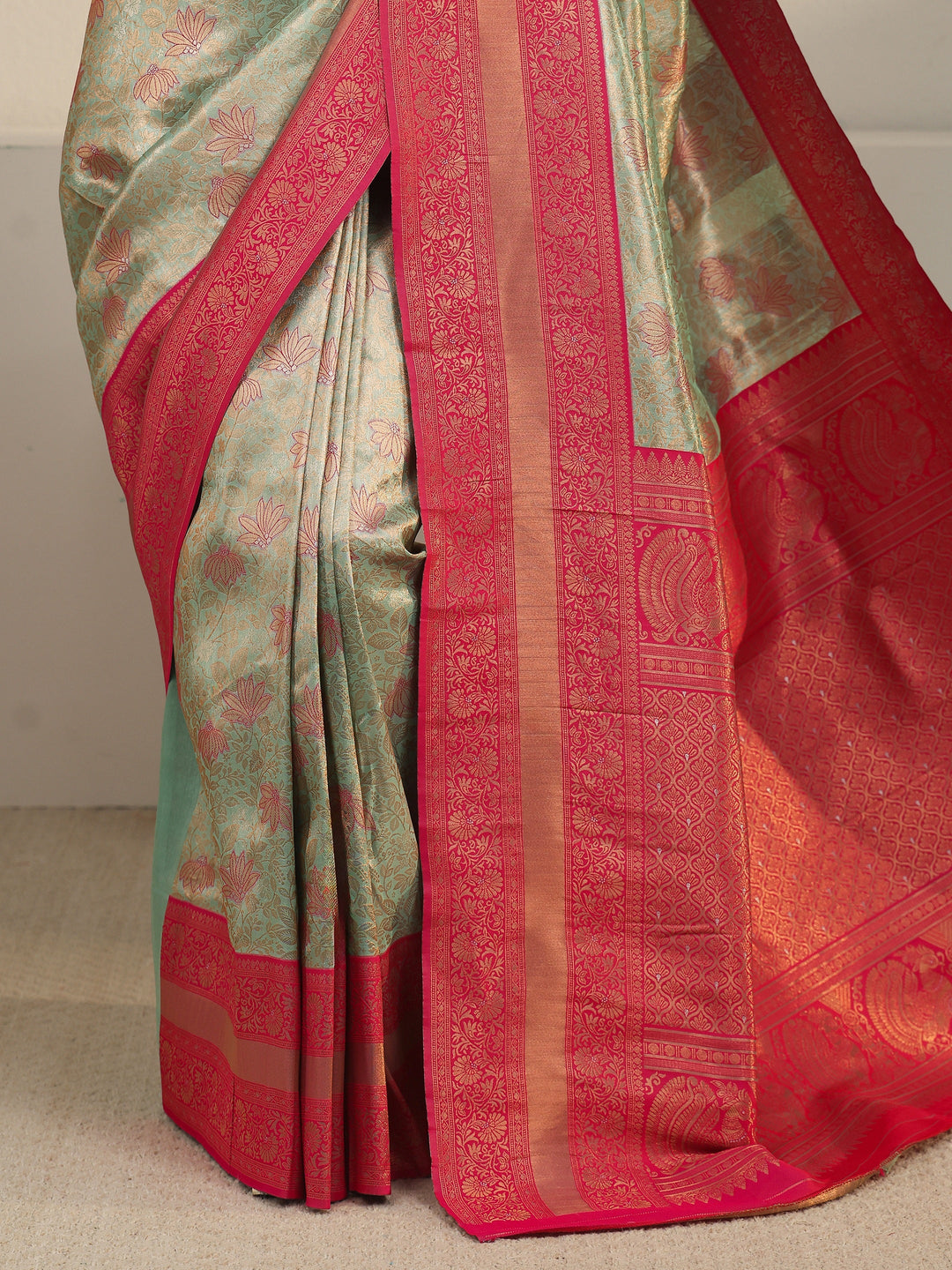  Libas Sage Green and Pink Floral Woven Design Brocade Saree 