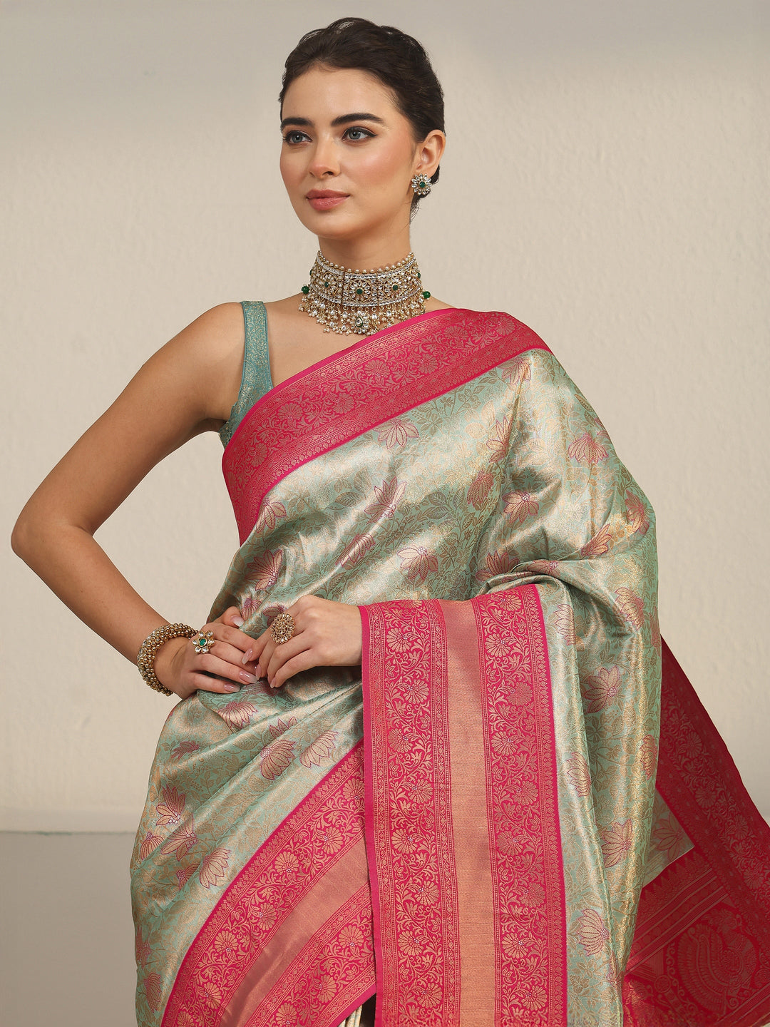  Libas Sage Green and Pink Floral Woven Design Brocade Saree 