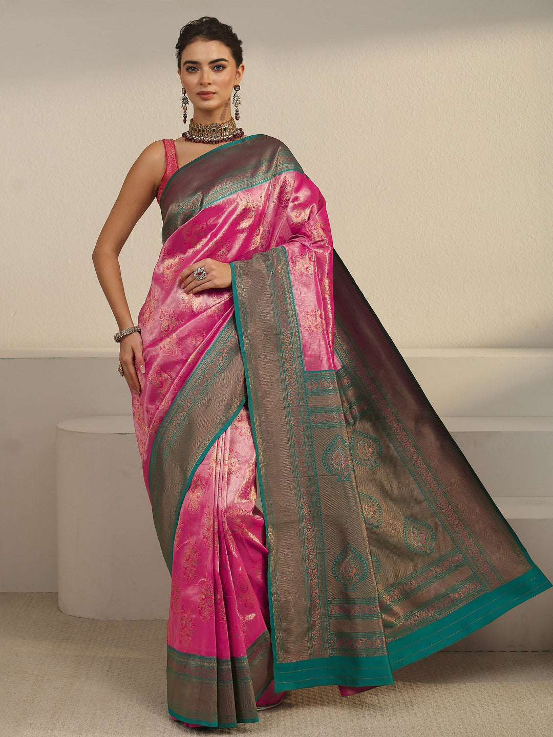  Libas Pink Floral Woven Design Silk Blend Saree 