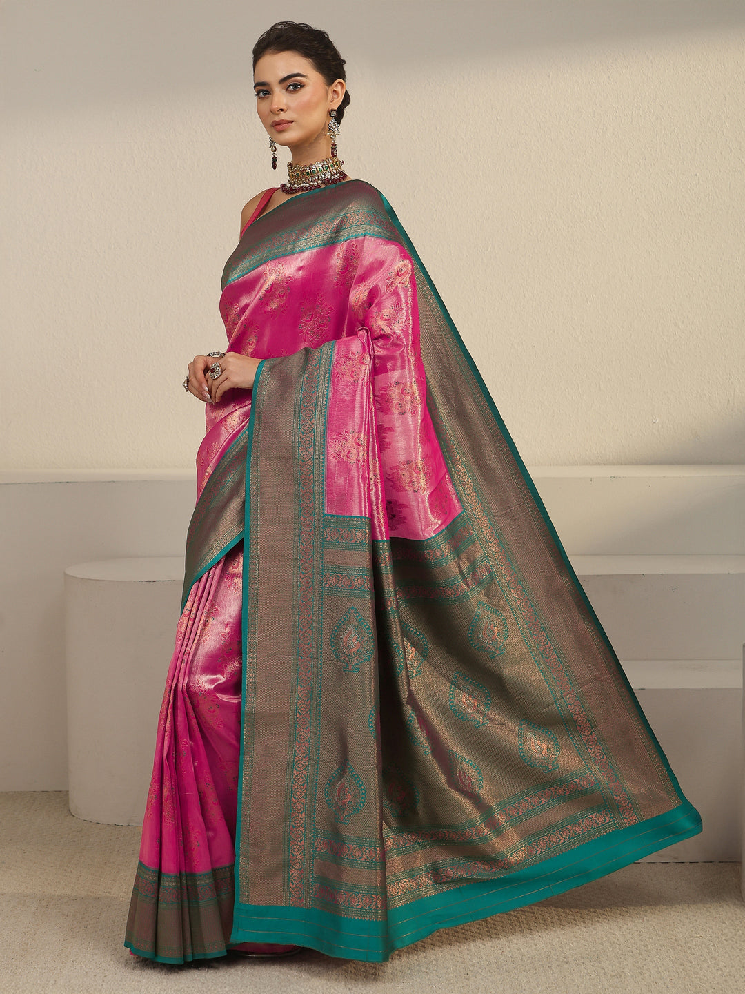  Libas Pink Floral Woven Design Silk Blend Saree 