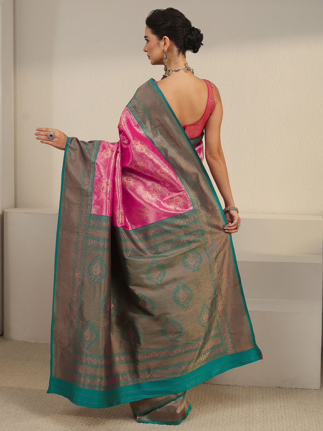  Libas Pink Floral Woven Design Silk Blend Saree 