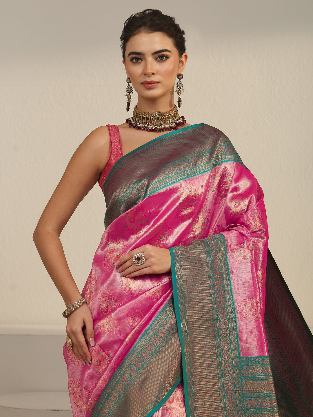  Libas Pink Floral Woven Design Silk Blend Saree 