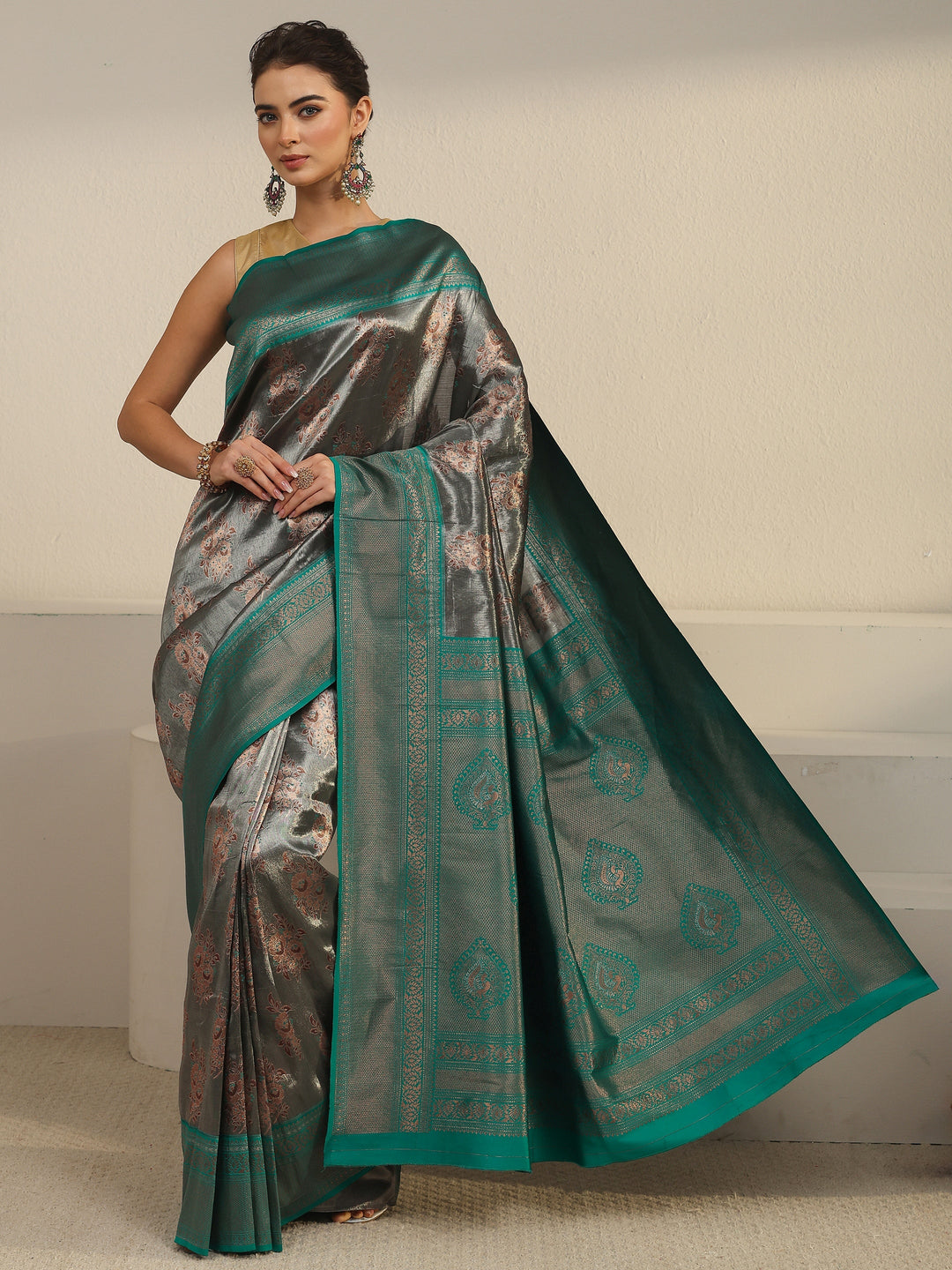 Libas Grey and Teal Green Floral Woven Design Silk Blend Saree 