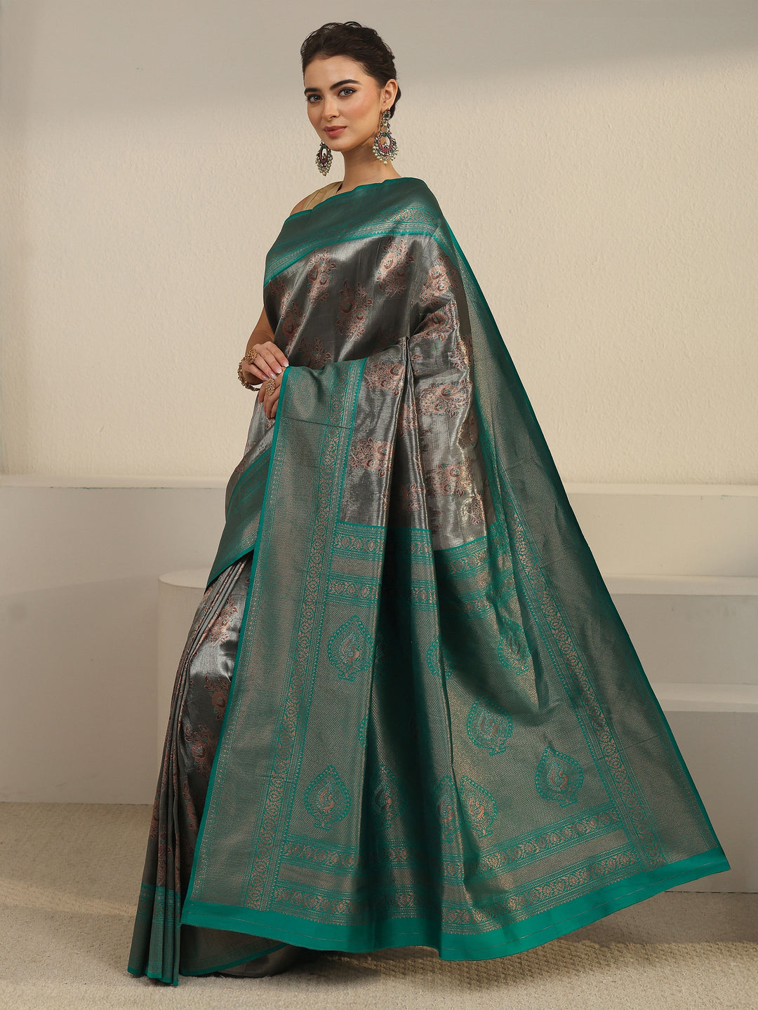  Libas Grey and Teal Green Floral Woven Design Silk Blend Saree 