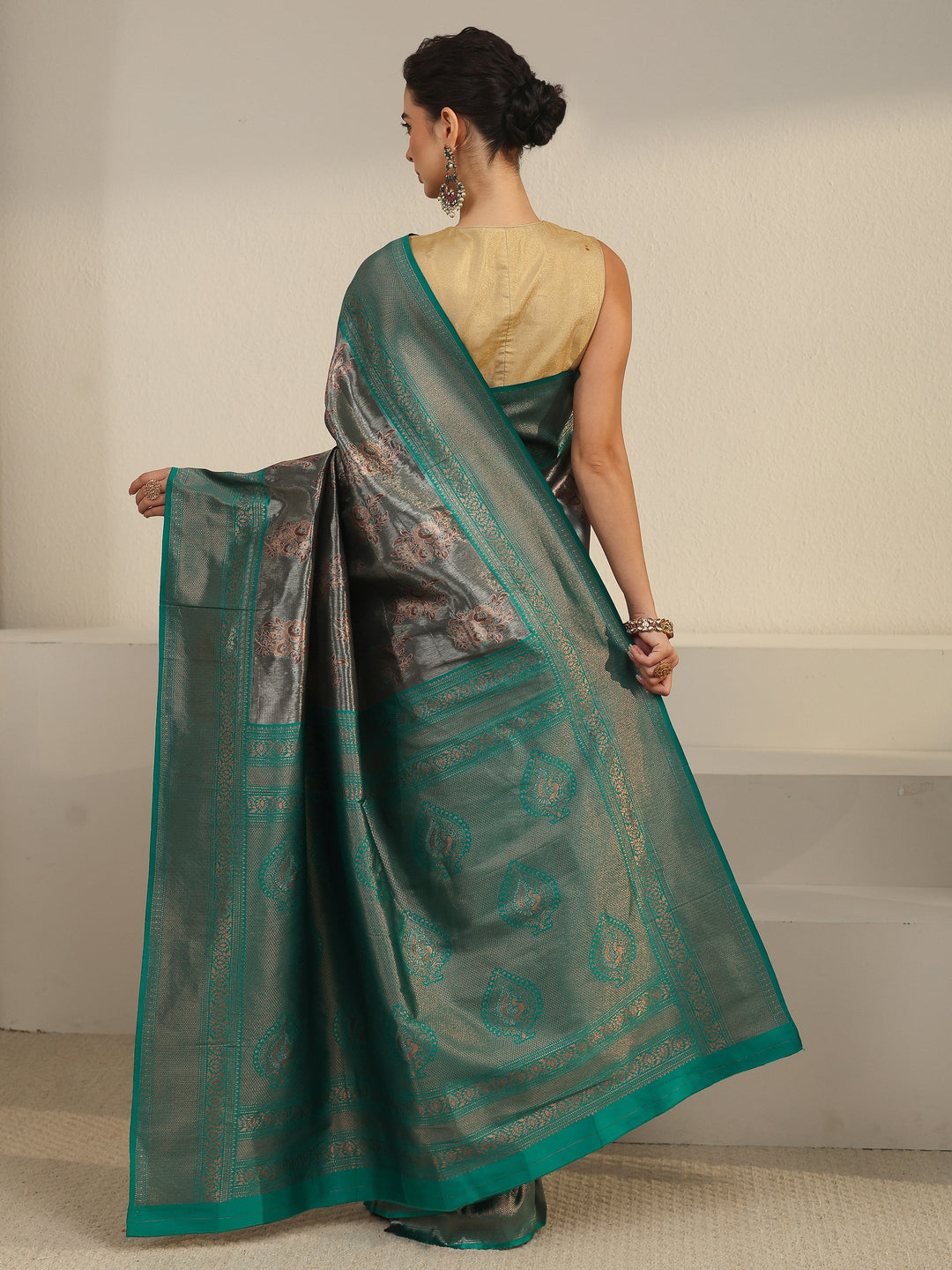  Libas Grey and Teal Green Floral Woven Design Silk Blend Saree 